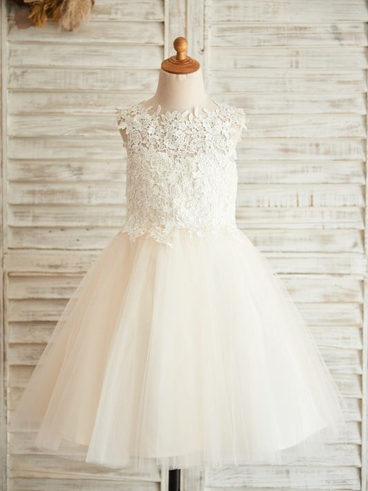 Tulle Sleeveless Lace Knee-Length Scoop A-Line/Princess Flower Girl Dresses