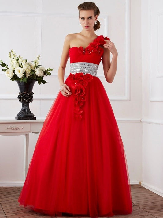 Long Flower One-Shoulder Ball Gown Sleeveless Hand-Made Net Quinceanera Dresses