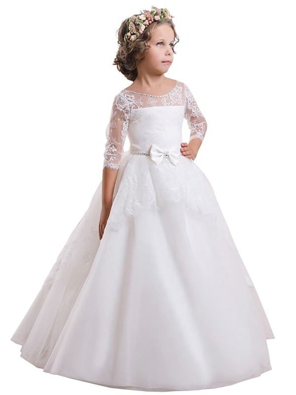 Gown Train Satin Sweep/Brush Ball Lace Jewel Long Sleeves Flower Girl Dresses