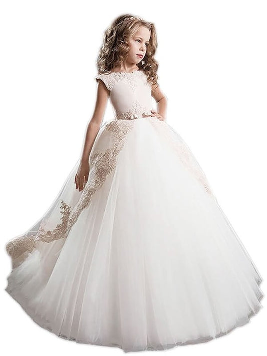 Scoop Ball Tulle Sleeveless Applique Gown Floor-Length Flower Girl Dresses