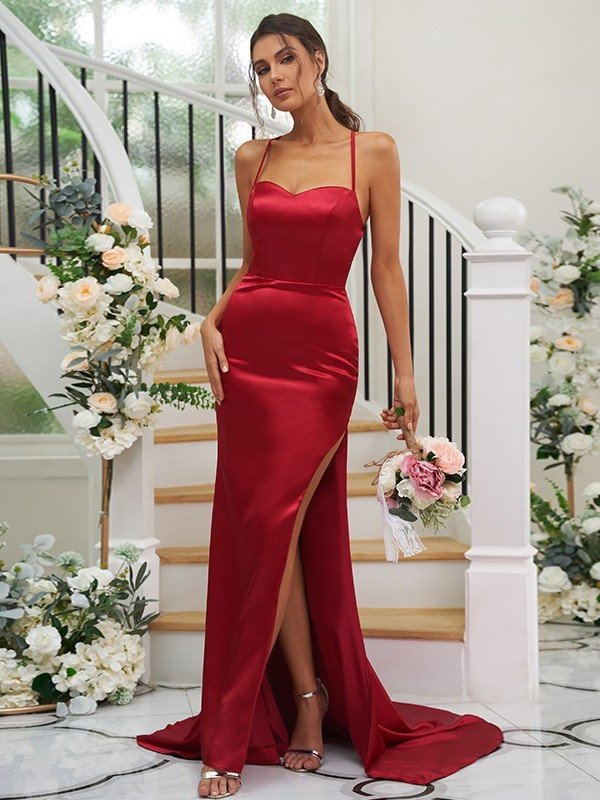 Woven Square Ruched Sheath/Column Sweep/Brush Sleeveless Elastic Satin Train Bridesmaid Dresses