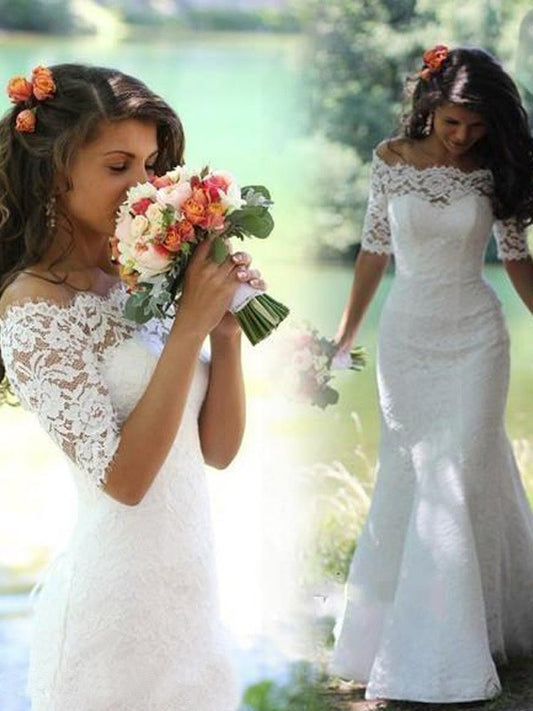 Sleeves Lace Sweep/Brush Off-the-Shoulder Trumpet/Mermaid 1/2 Train Wedding Dresses