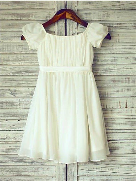 Square Tea-Length A-line/Princess Chiffon Ruched Sleeves Short Flower Girl Dresses