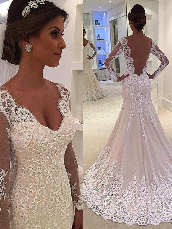 Court Sleeves Train Trumpet/Mermaid Long V-neck Lace Wedding Dresses