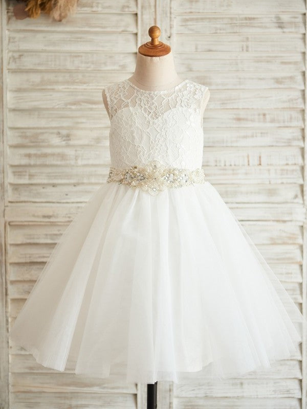 Knee-Length Scoop A-Line/Princess Tulle Lace Sleeveless Flower Girl Dresses