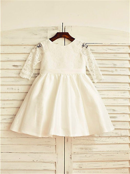 Jewel A-line/Princess Satin Lace Tea-Length Long Sleeves Flower Girl Dresses