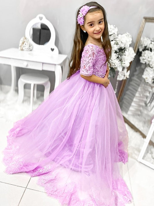 Sweep/Brush Tulle Sleeves 1/2 Lace Train Gown Ball Off-the-Shoulder Flower Girl Dresses