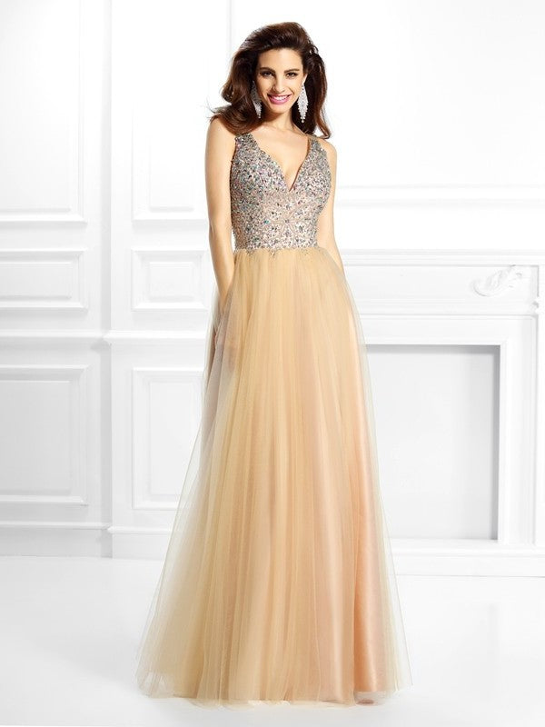 Sleeveless Gown Beading Long Ball V-neck Satin Quinceanera Dresses