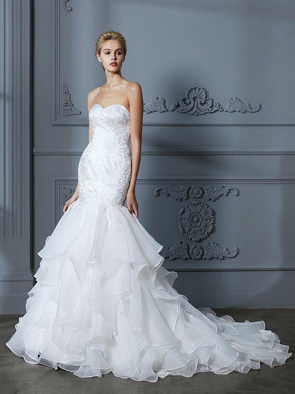 Train Sweep/Brush Trumpet/Mermaid Sleeveless Sweetheart Ruffles Organza Wedding Dresses