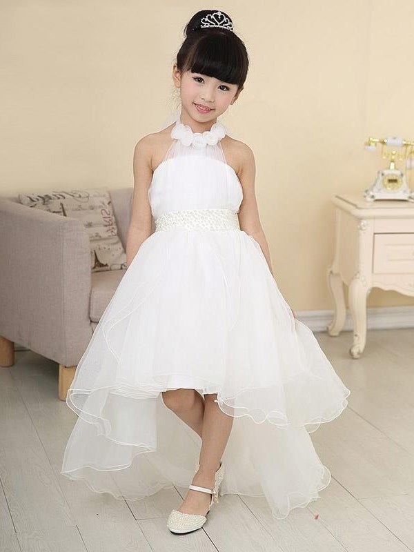 Neck A-line/Princess High Sleeveless Beading Low High Organza Flower Girl Dresses