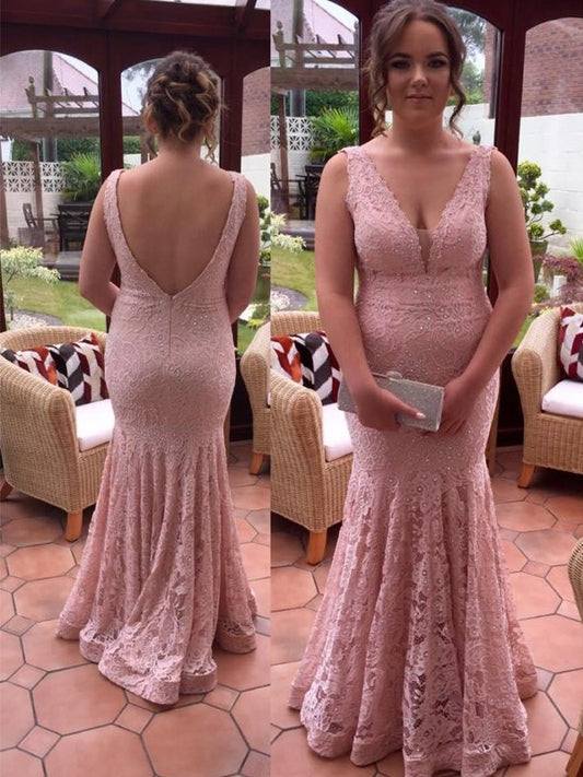 Lace Beading Sleeveless Floor-Length V-neck Trumpet/Mermaid Plus Size Dresses