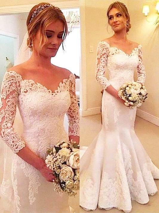 3/4 Lace Sleeves Satin Trumpet/Mermaid Court Off-the-Shoulder Train Wedding Dresses