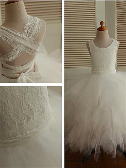 Sleeveless Ball Scoop Tulle Lace Gown Ankle-Length Flower Girl Dresses