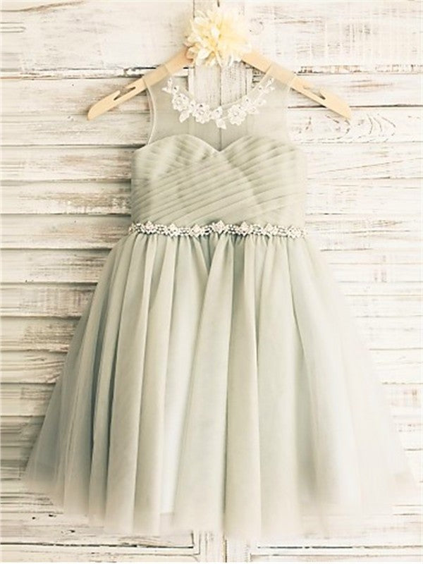 Tea-Length A-line/Princess Sleeveless Scoop Beading Tulle Flower Girl Dresses