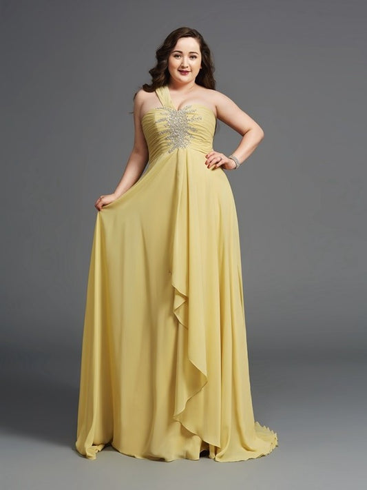 One-Shoulder Sleeveless Chiffon Rhinestone A-Line/Princess Long Plus Size Dresses