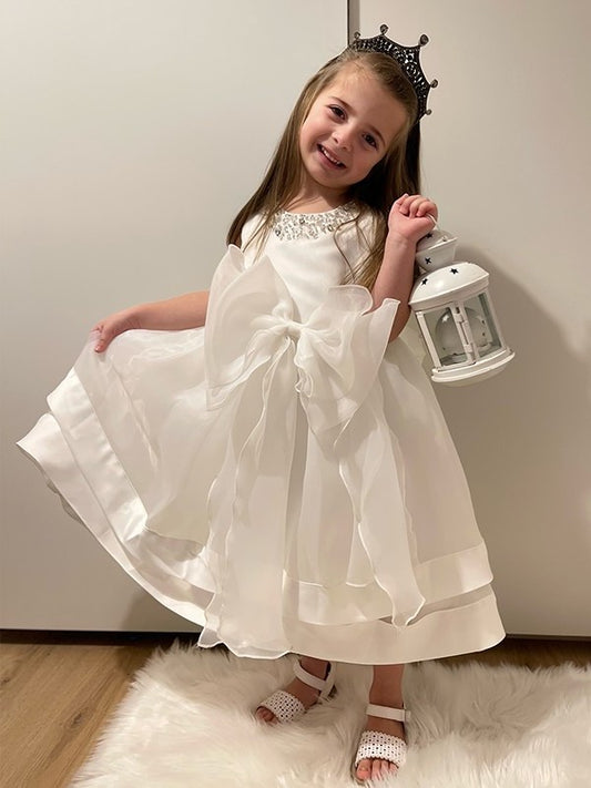 Tea-Length A-Line/Princess Satin Bowknot Jewel Sleeveless Flower Girl Dresses