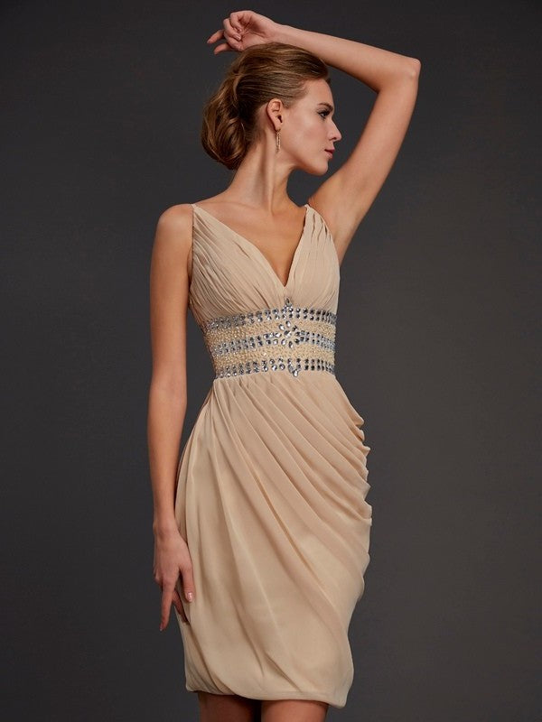 V-neck Sleeveless Sheath/Column Short Beading Chiffon Homecoming Dresses