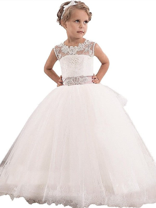 Lace Scoop Ball Gown Sleeveless Floor-Length Tulle Flower Girl Dresses