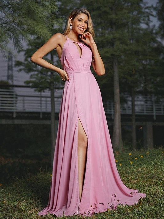 Scoop A-Line/Princess Ruched Chiffon Sleeveless Sweep/Brush Train Bridesmaid Dresses