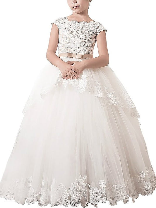 Ball Gown Tulle Floor-Length Lace Scoop Sleeveless Flower Girl Dresses