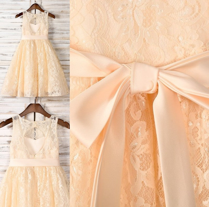 Sleeveless Scoop Tea-Length A-Line/Princess Sash/Ribbon/Belt Lace Flower Girl Dresses