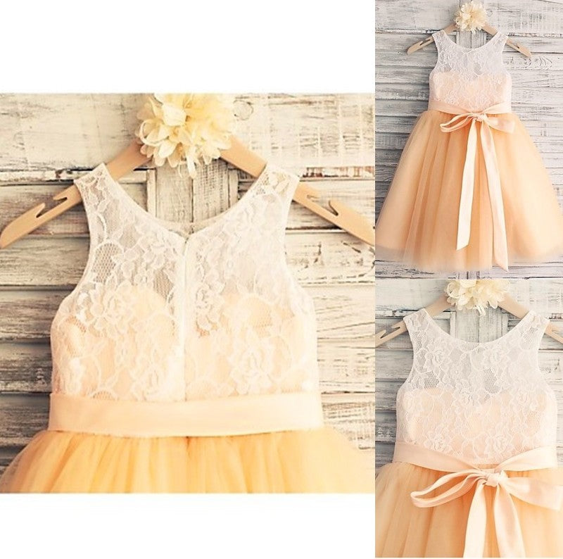 Tea-Length Sash/Ribbon/Belt A-line/Princess Tulle Scoop Sleeveless Flower Girl Dresses