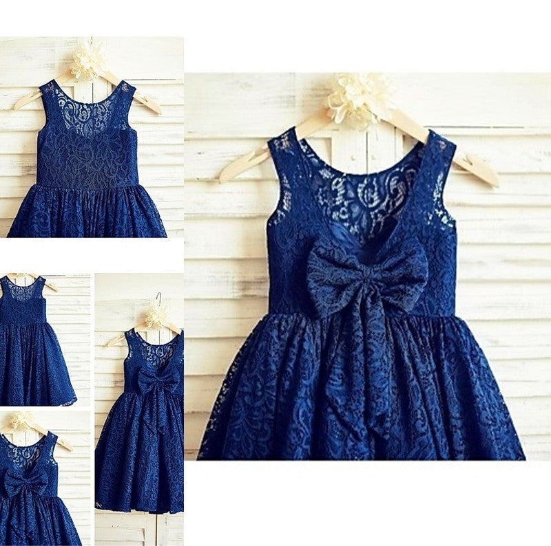 Lace Tea-Length Sleeveless Bowknot Scoop A-line/Princess Flower Girl Dresses