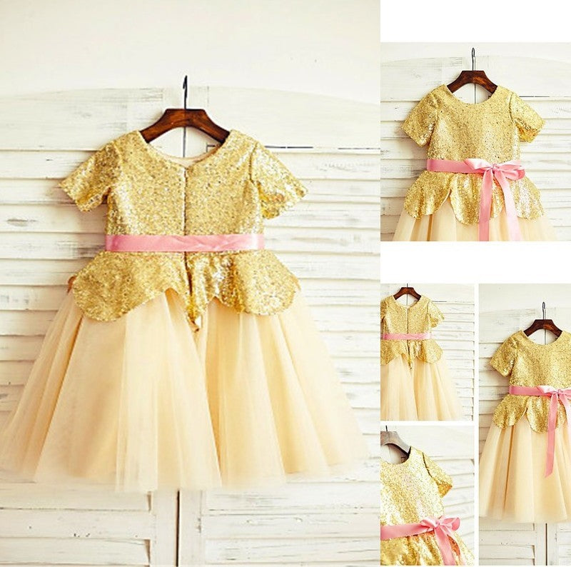 A-line/Princess Sequin Tea-Length Scoop Tulle Sleeves Short Flower Girl Dresses