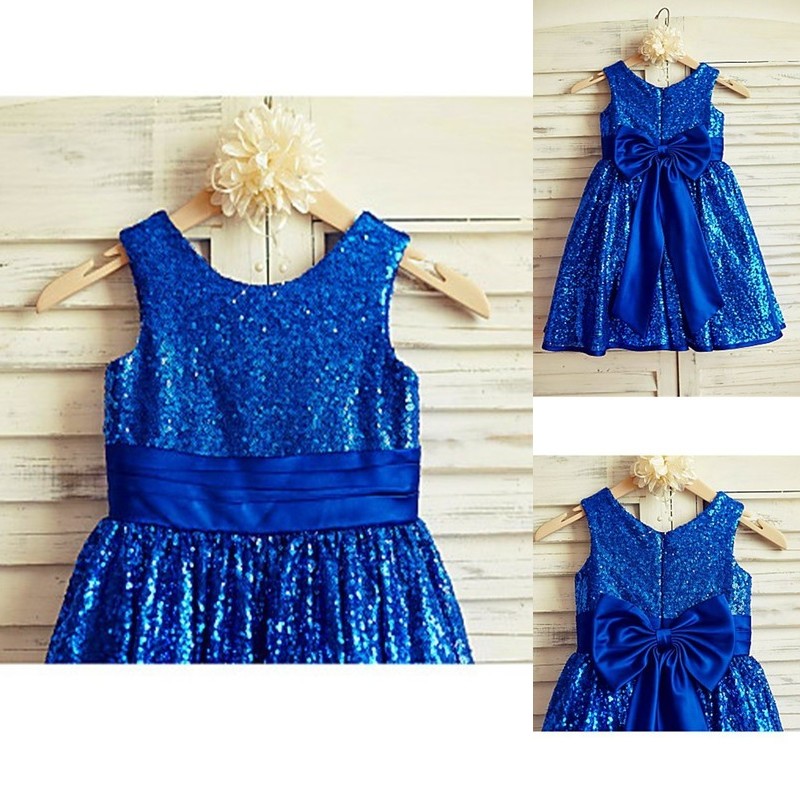 Bowknot Sleeveless A-line/Princess Sequins Scoop Tea-Length Flower Girl Dresses