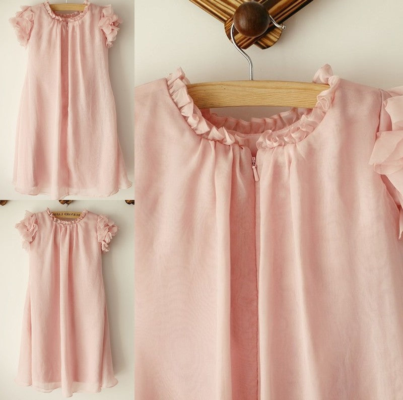 Short Knee-Length Sleeves Scoop Flower A-Line/Princess Hand-Made Chiffon Flower Girl Dresses