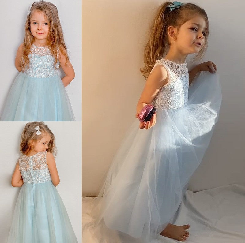 A-Line/Princess Lace Scoop Ankle-Length Tulle Sleeveless Flower Girl Dresses