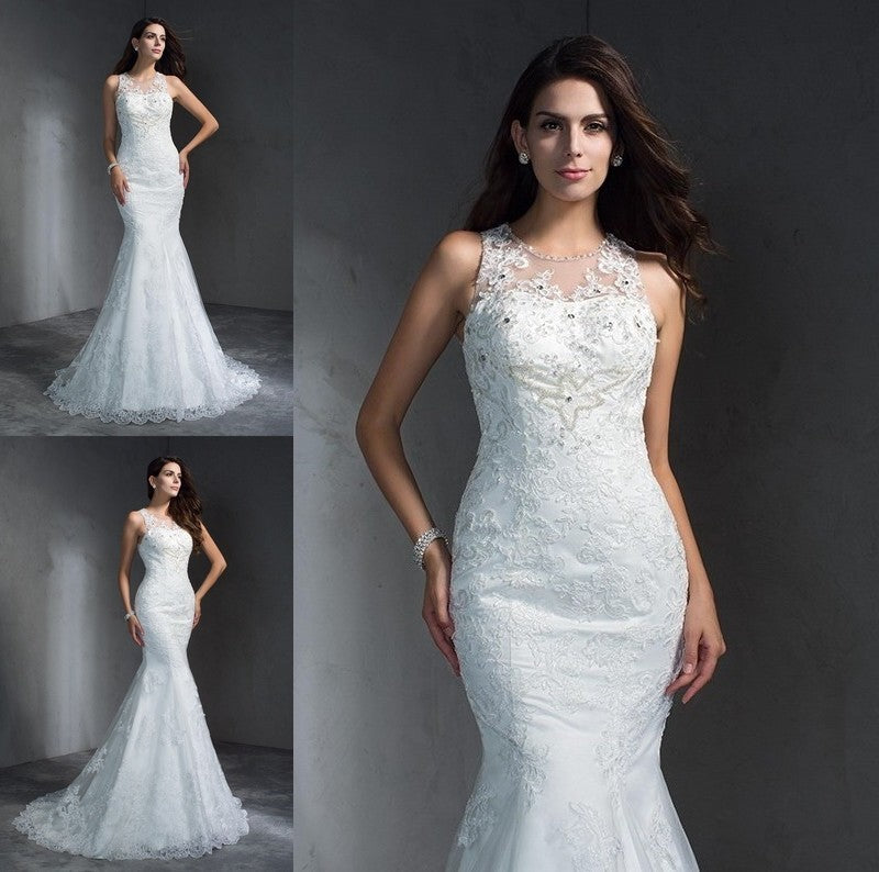 Long Scoop Sleeveless Applique Trumpet/Mermaid Lace Wedding Dresses