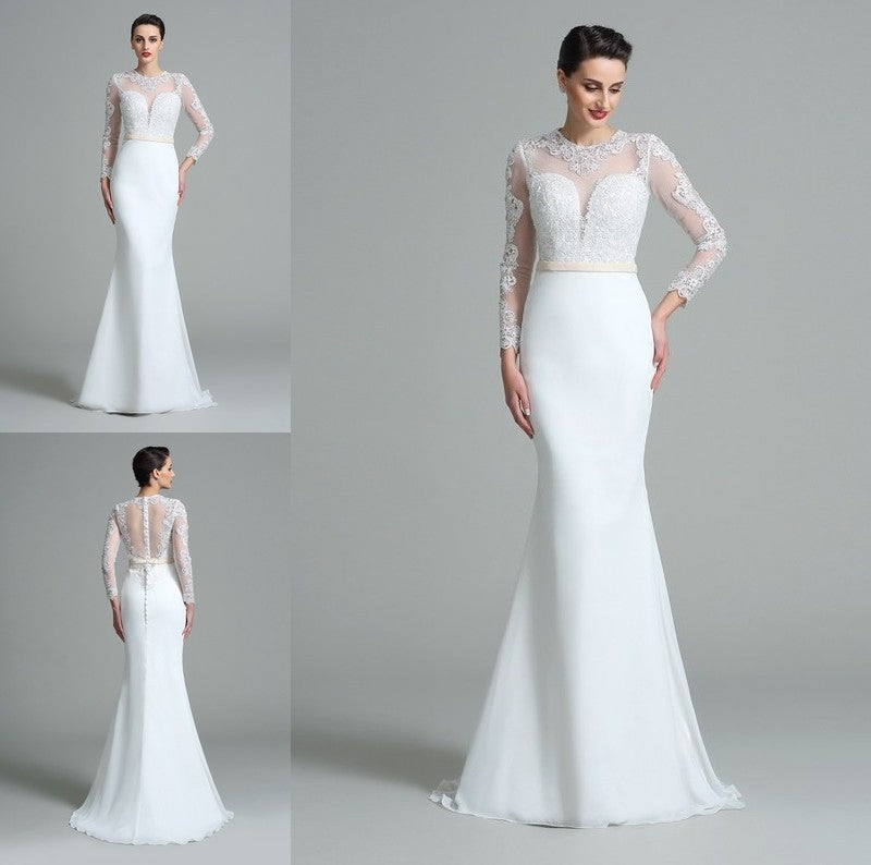 Long Sleeves Lace Trumpet/Mermaid Long Jewel Satin Wedding Dresses