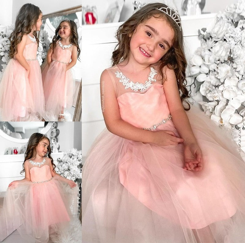 Scoop A-Line/Princess Beading Sleeveless Tea-Length Tulle Flower Girl Dresses