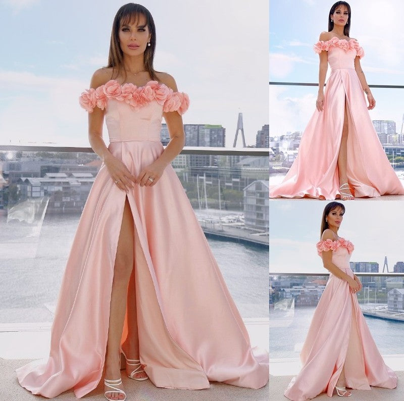 Satin Off-the-Shoulder A-Line/Princess Flower Sleeveless Hand-Made Sweep/Brush Train Dresses