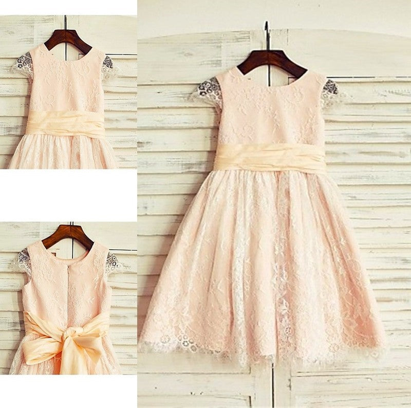 Sash/Ribbon/Belt Tea-Length A-line/Princess Lace Scoop Short Sleeves Flower Girl Dresses