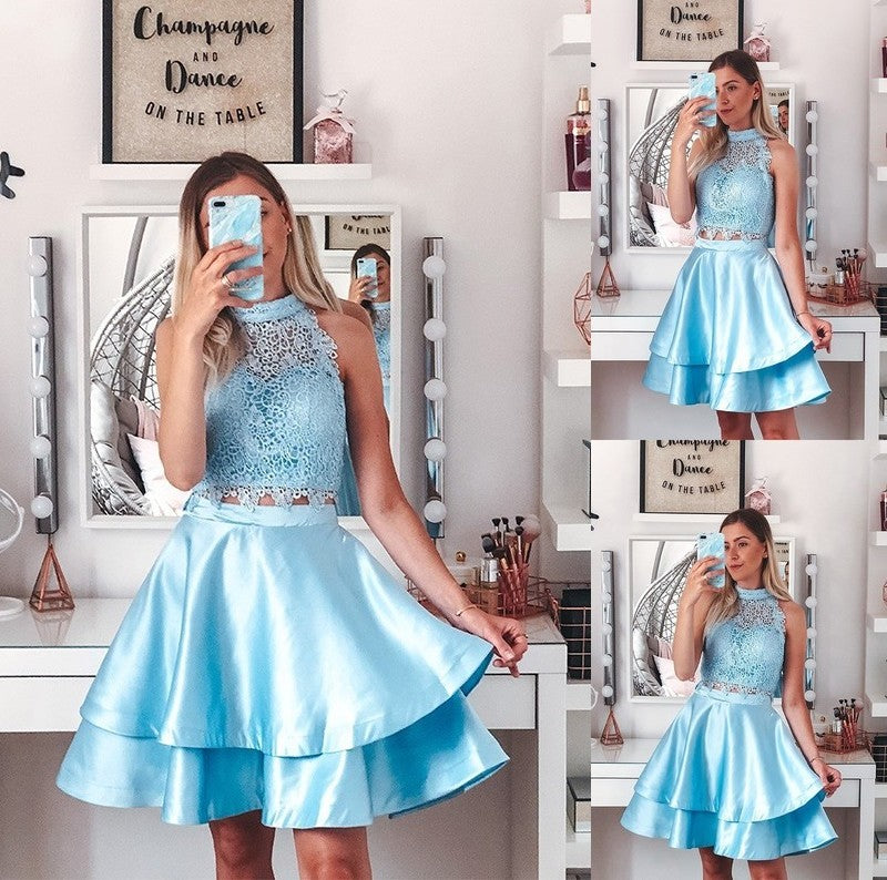 A-Line/Princess Sleeveless Two Satin Short/Mini Lace Halter Piece Homecoming Dresses