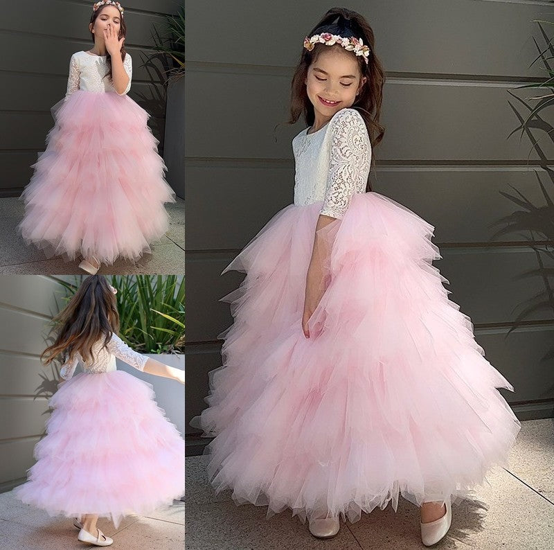 Tulle Lace Ankle-Length Scoop Sleeves A-Line/Princess 3/4 Flower Girl Dresses