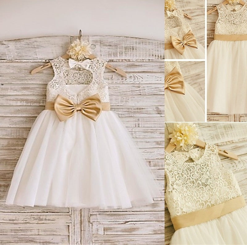 Bowknot A-line/Princess Sleeveless Scoop Knee-Length Tulle Flower Girl Dresses