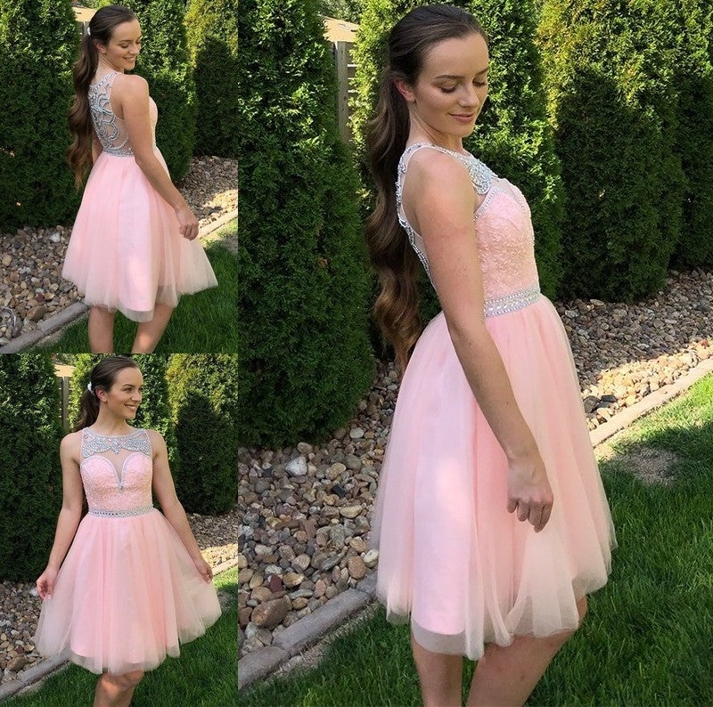 Scoop Sleeveless Beading A-Line/Princess Tulle Short/Mini Homecoming Dresses