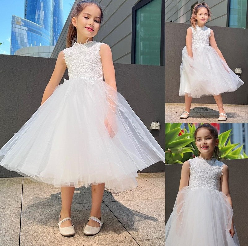 Neck Tulle Sleeveless Knee-Length Lace A-Line/Princess High Flower Girl Dresses