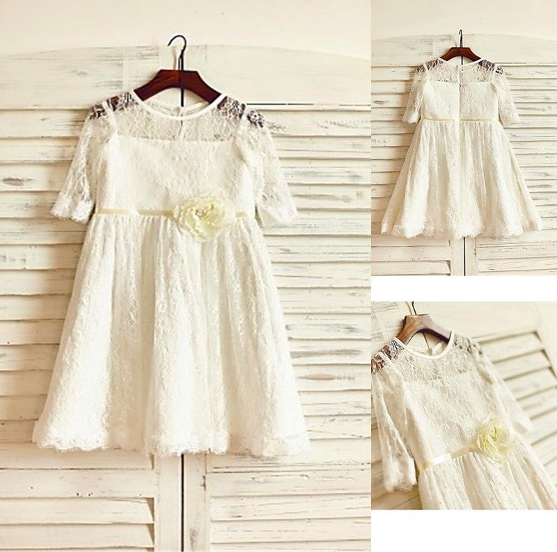 Lace Hand-made 3/4 Scoop Sleeves A-line/Princess Flower Ankle-Length Flower Girl Dresses