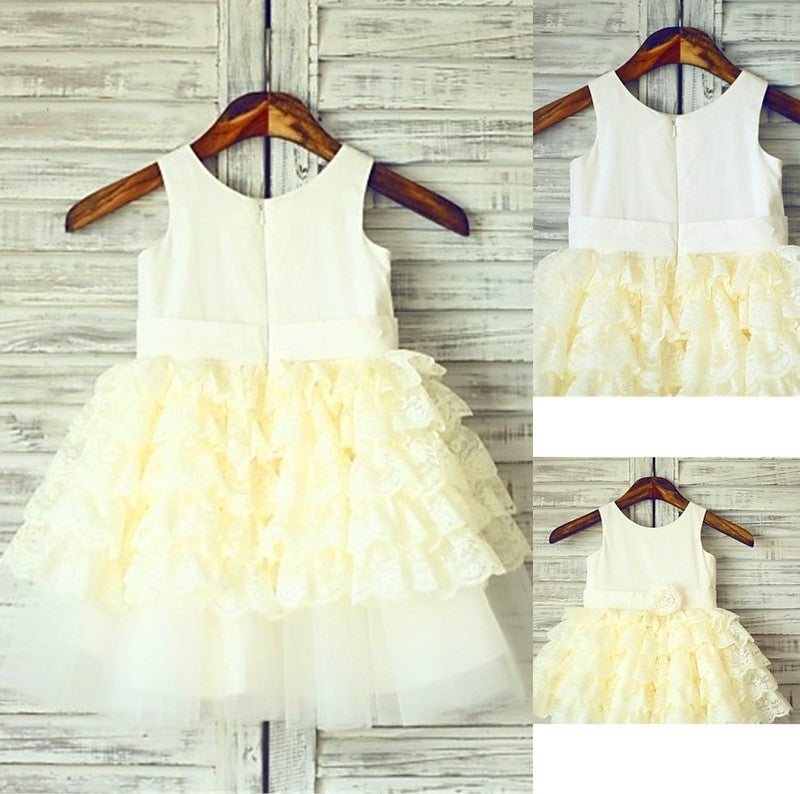 Tea-Length Layers Sleeveless Gown Scoop Lace Ball Flower Girl Dresses