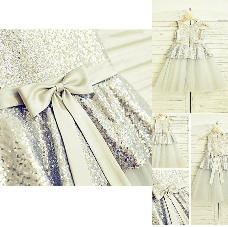 Tea-Length Scoop A-line/Princess Sequin Sleeveless Tulle Flower Girl Dresses