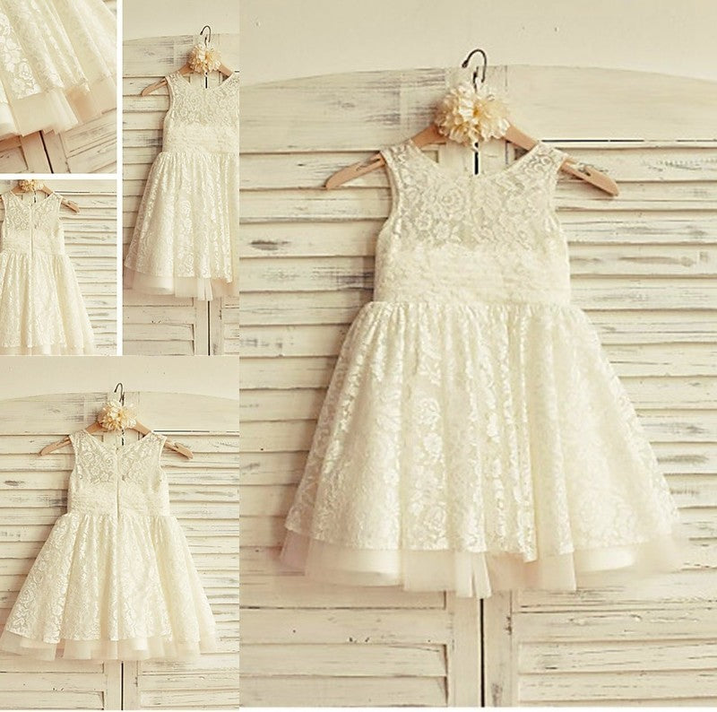 Sleeveless Lace Scoop Ruffles Tea-Length A-line/Princess Flower Girl Dresses