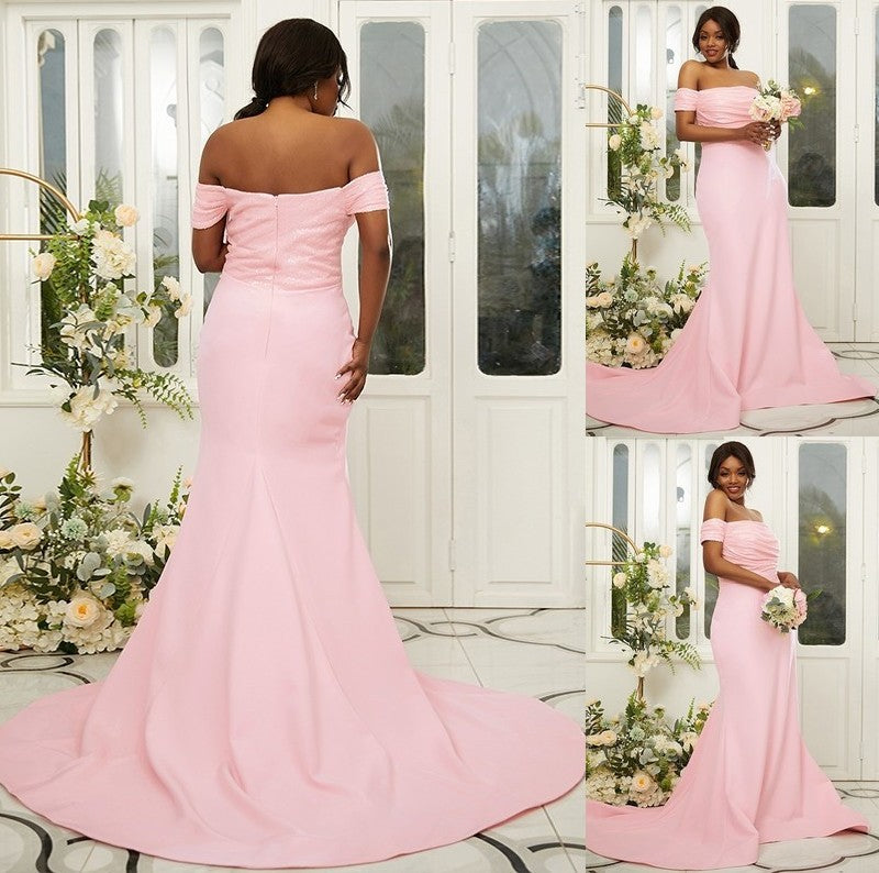 Stretch Ruched Crepe Off-the-Shoulder Sleeveless Sweep/Brush Sheath/Column Train Bridesmaid Dresses