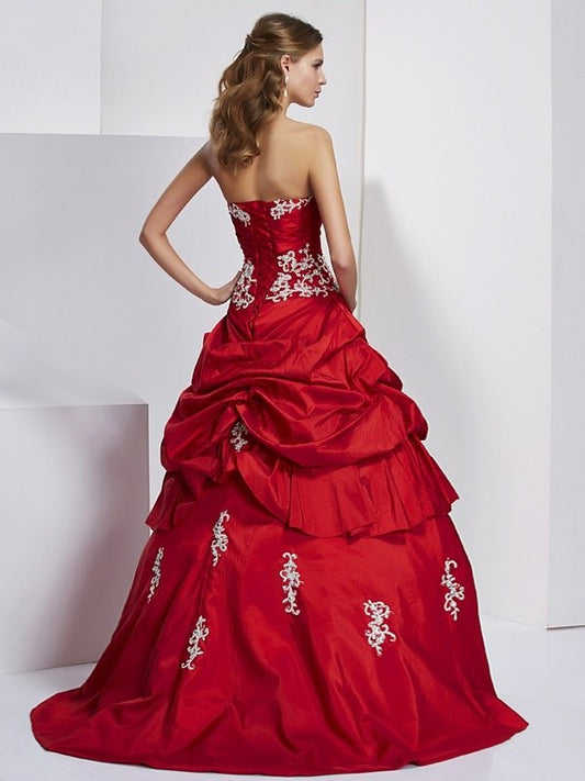 Beading Sweetheart Applique Sleeveless Ball Gown Long Taffeta Quinceanera Dresses