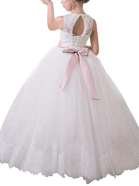 Gown Sleeveless Scoop Floor-Length Tulle Ball Sash/Ribbon/Belt Flower Girl Dresses