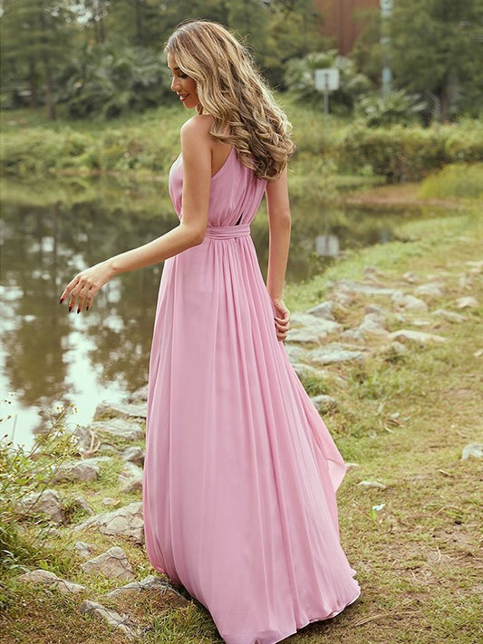 Sweep/Brush Ruffles Sleeveless A-Line/Princess Halter Chiffon Train Bridesmaid Dresses