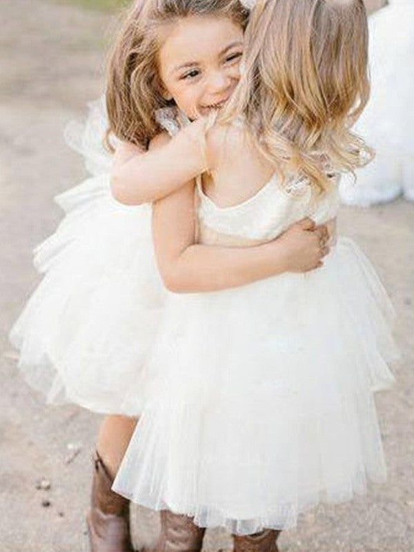 Sleeveless Sash/Ribbon/Belt Tulle Knee-Length Square A-Line/Princess Flower Girl Dresses